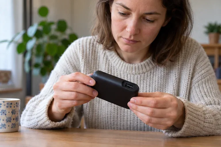 Iemand bekijkt een intacte zwarte powerbank op scheuren of een bolle behuizing