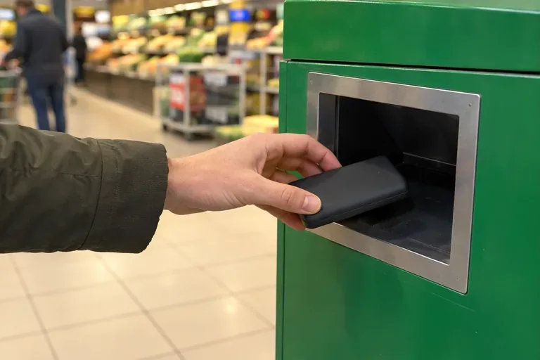 Een hand brengt een kleine powerbank naar de opening van een inzamelmeubel voor kleine elektrische apparaten