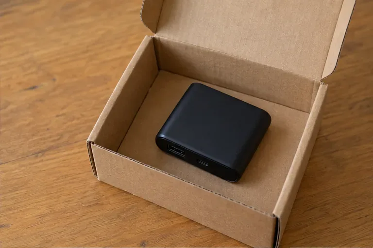 Een intacte powerbank ligt los in een klein kartonnen doosje voor vervoer