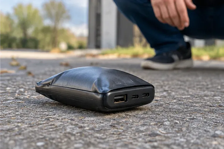 Een duidelijk opgezwollen powerbank ligt apart op een harde ondergrond; gebruik of laad zo’n beschadigd exemplaar niet meer en meld de toestand bij het inleverpunt.