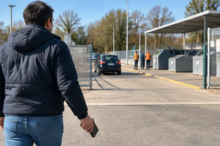 Een inwoner loopt met een oude powerbank naar een milieustraat; in Eindhoven is Milieustraat Acht aan Achtseweg Noord 41 tijdens de verbouwing de aangewezen gemeentelijke locatie.