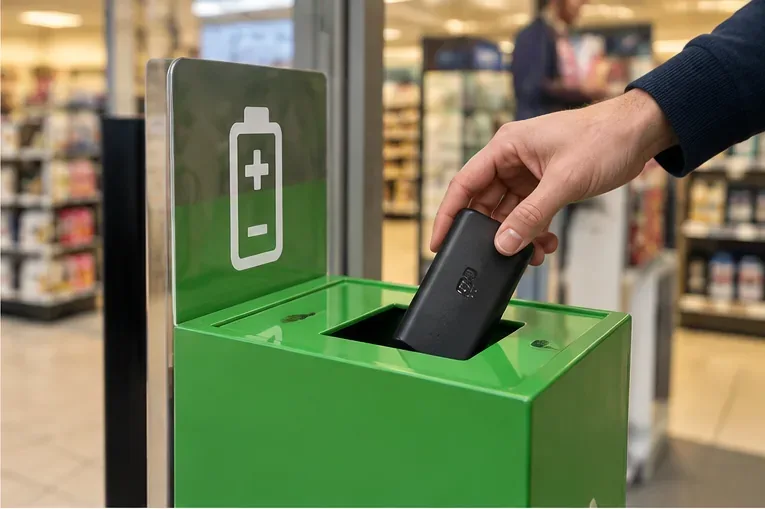 Een intacte powerbank wordt in een groene inzamelbak bij een winkel gedaan; controleer altijd of het punt kleine elektrische apparaten of ingebouwde accu’s accepteert.
