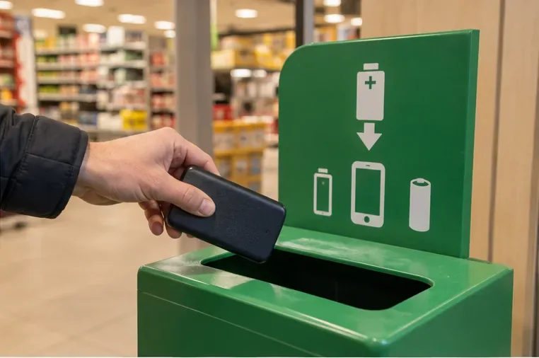 Een hand brengt een zwarte powerbank naar een groene inzamelbak in een winkel voor batterijen en kleine elektronica.