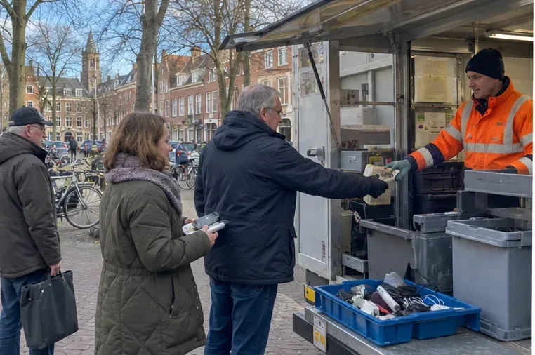 Bewoners leveren kleine elektrische apparaten en accu’s in bij een mobiele recyclewagen op een Nederlandse stadsstraat.