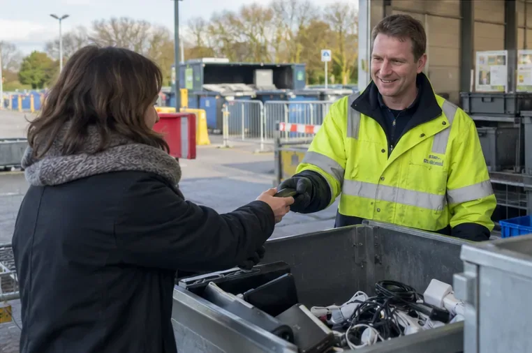 Een inwoner overhandigt een kleine powerbank aan een medewerker van een gemeentelijk recyclingstation bij bakken met elektronica.