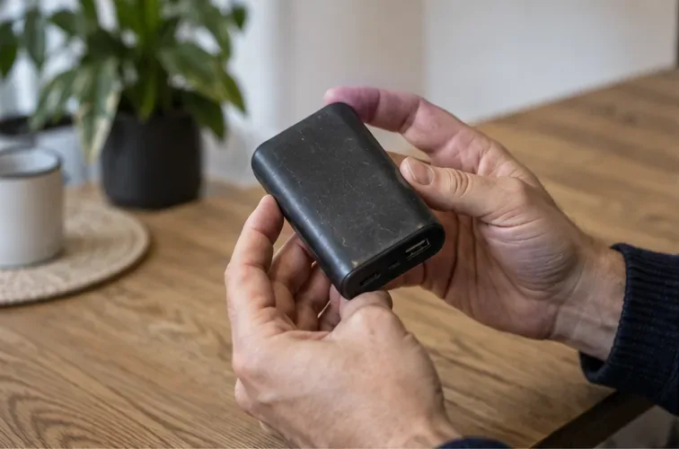 Handen controleren een zwarte powerbank op beschadiging voordat deze wordt ingeleverd