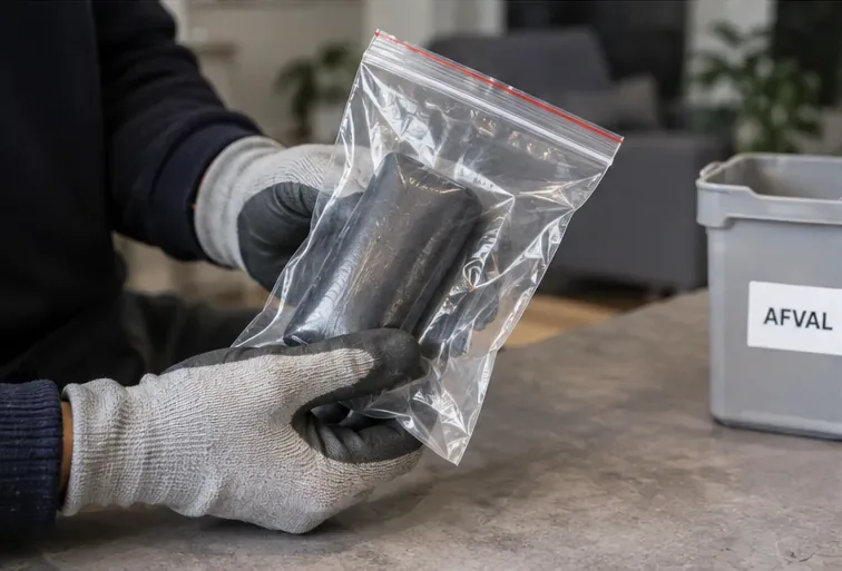 Een beschadigde powerbank wordt met handschoenen afzonderlijk in een doorzichtig afsluitbaar zakje gehouden