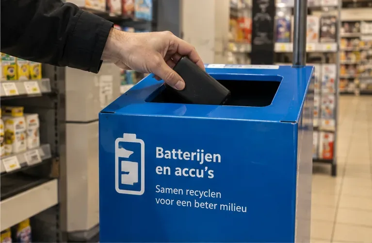 Een intacte zwarte powerbank wordt in een blauwe inzamelbak voor batterijen en accu’s gedaan