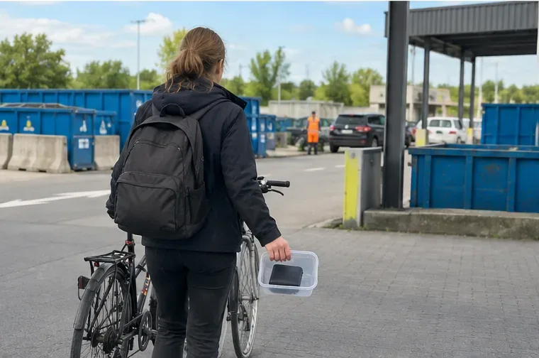 Een fietser arriveert bij een milieustraat en draagt een kleine powerbank in een transparant kunststof bakje