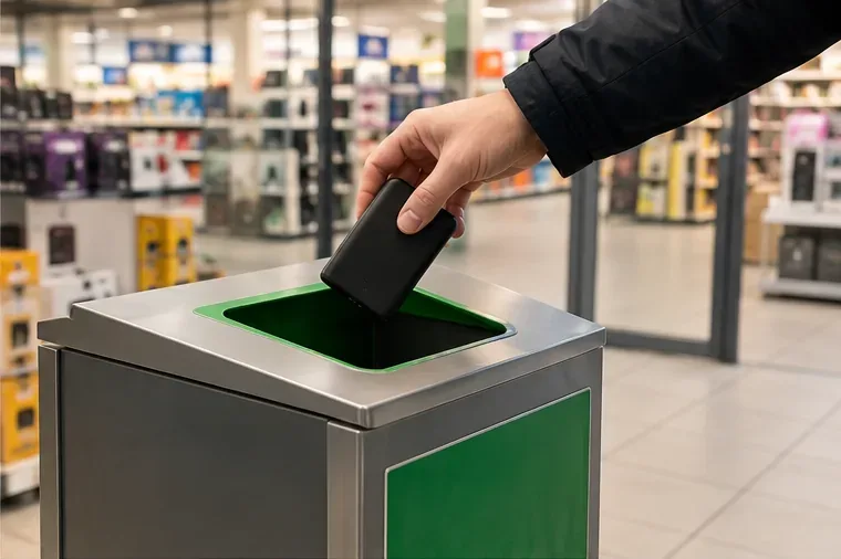 Een hand die een kleine zwarte powerbank boven de opening van een groene inzamelbak in een winkel houdt
