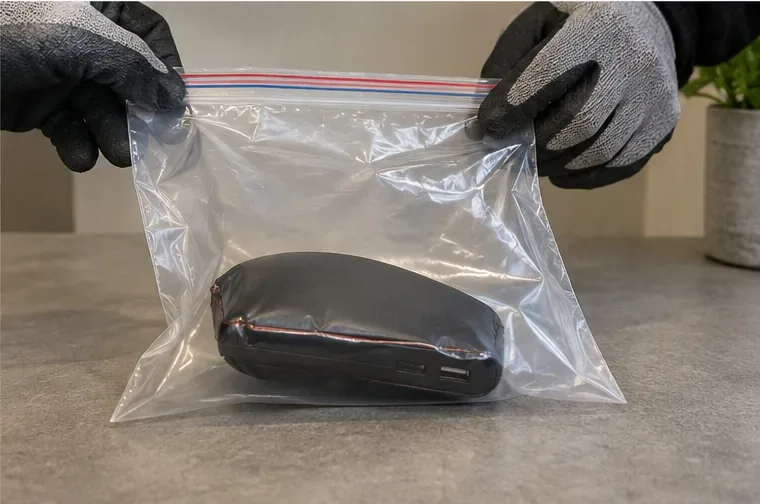 Een duidelijk opgezwollen zwarte powerbank die met handschoenen afzonderlijk in een doorzichtige hersluitbare plastic zak wordt geplaatst