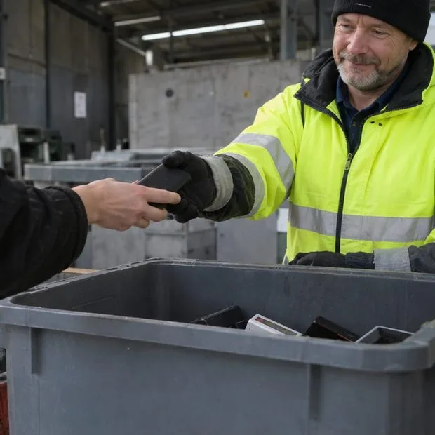 Een medewerker van een inzamelpunt neemt een intacte kleine powerbank aan van een bezoeker