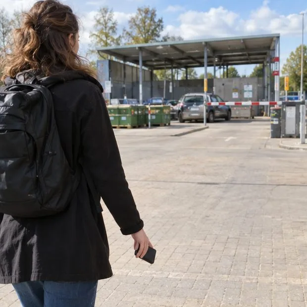 Een bezoeker loopt met een kleine powerbank richting de ingang van een gemeentelijk milieupark