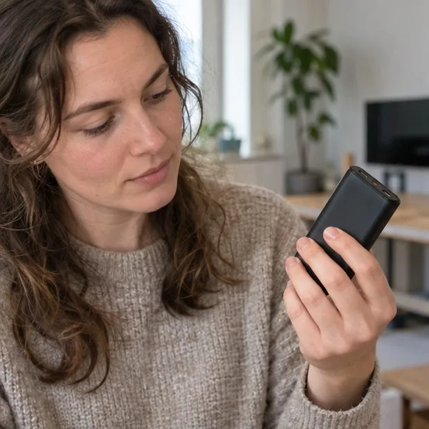 Een vrouw kijkt naar een intacte zwarte powerbank die zij in haar hand houdt