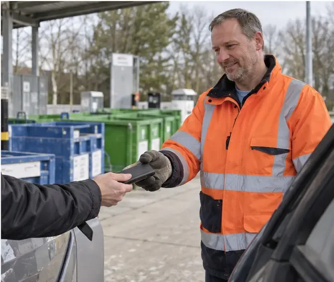 Een medewerker in een oranje veiligheidsjas neemt een kleine powerbank aan bij een milieustraat naast gescheiden afvalcontainers