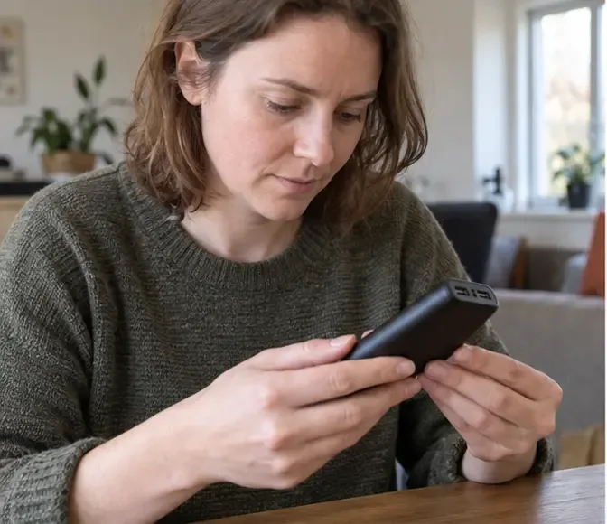 Een vrouw controleert een intacte zwarte powerbank aan een houten tafel zonder het apparaat open te maken