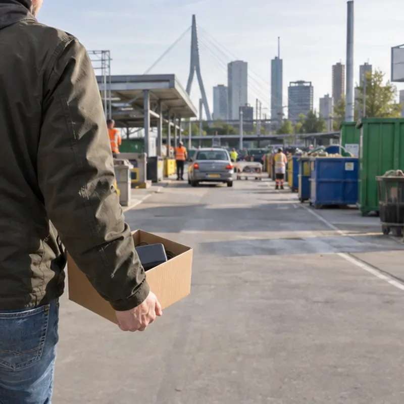 Een persoon draagt een doos met een kleine powerbank over een Rotterdams milieupark met afvalcontainers en de skyline op de achtergrond