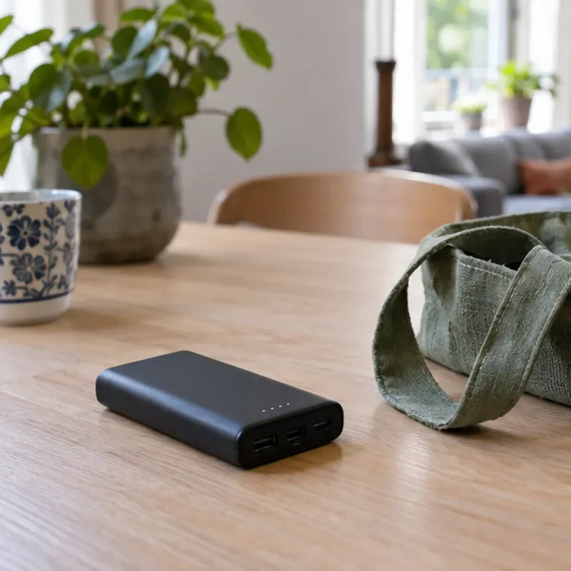 Een intacte zwarte powerbank ligt op een houten tafel naast een stoffen tas