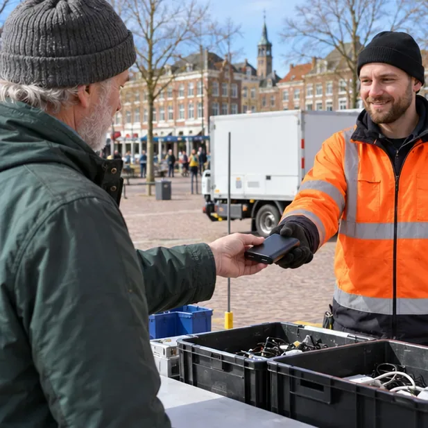 Een inwoner overhandigt een kleine zwarte powerbank aan een medewerker bij een mobiele inzamelstand buiten.