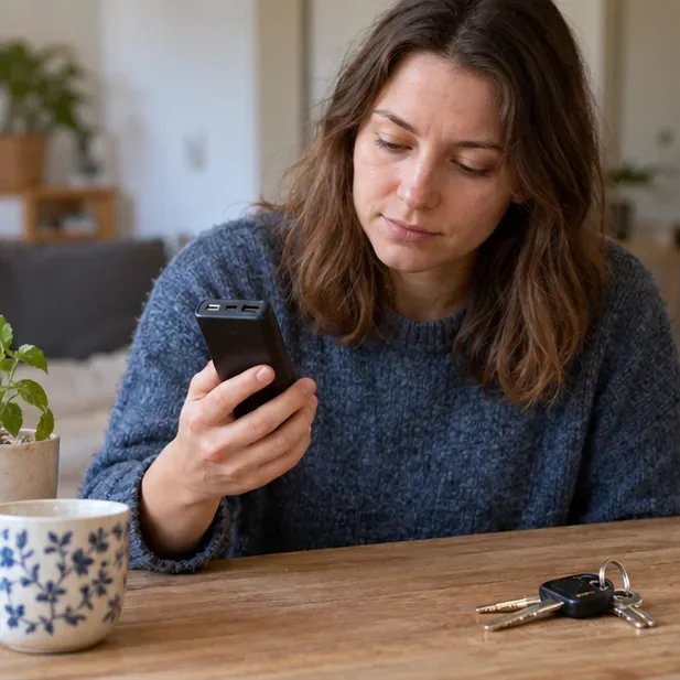 Een vrouw bekijkt een kleine zwarte powerbank op een tafel voordat zij deze naar een inzamelpunt brengt.