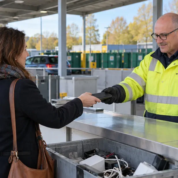Een medewerker in een veiligheidsvest neemt een kleine powerbank aan bij een gemeentelijk recyclingloket.