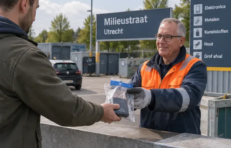 Een medewerker van een milieustraat neemt een apart verpakte powerbank aan bij een inzamelpunt
