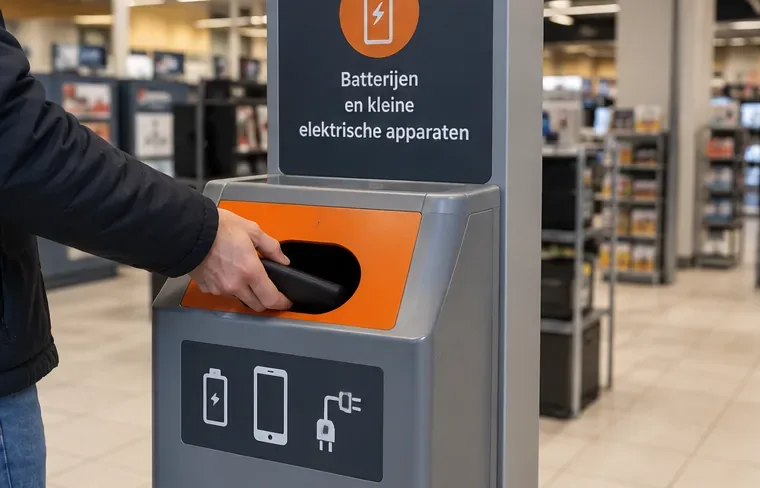 Een hand steekt een powerbank in een winkelbak met de tekst Batterijen en kleine elektrische apparaten