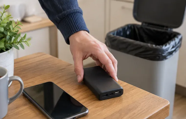 Een hand pakt een zwarte powerbank van een tafel terwijl op de achtergrond een gewone afvalbak staat