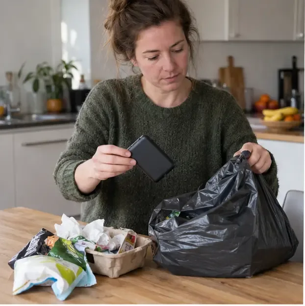 Een vrouw haalt een intacte zwarte powerbank uit een zak met restafval om hem apart te houden