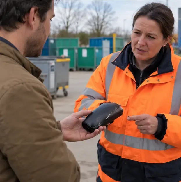 Een inwoner toont een zichtbaar opgezwollen powerbank aan een medewerker van een gemeentelijk recyclingpunt