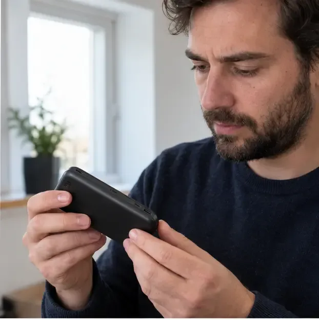 Een man bekijkt een zwarte powerbank van buiten zonder de behuizing te openen