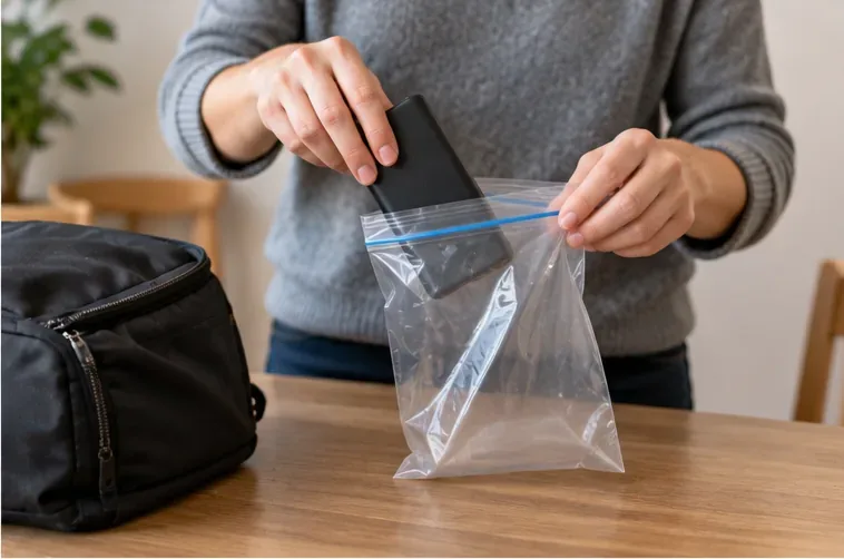 Een zwarte powerbank wordt apart in een doorzichtig afsluitbaar zakje gedaan voor vervoer.