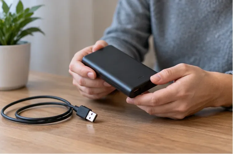 Een persoon controleert een zwarte powerbank en de laadkabel op een tafel voordat deze wordt ingeleverd.