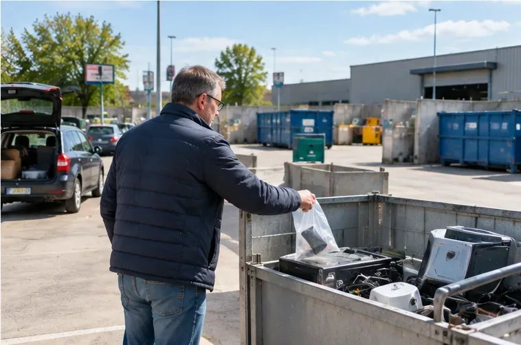 Een man brengt een apart gehouden powerbank naar een container voor elektrische apparaten op een milieubrengstation.