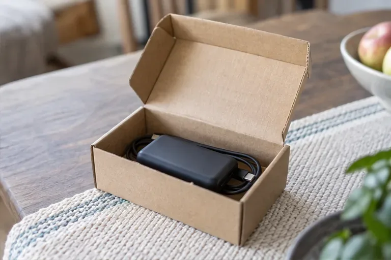 Een zwarte powerbank ligt in een open kartonnen doos naast een oplaadkabel.