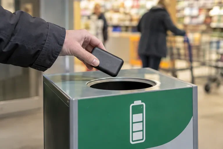 Een hand houdt een zwarte powerbank boven de opening van een inzamelbak met een batterijpictogram.