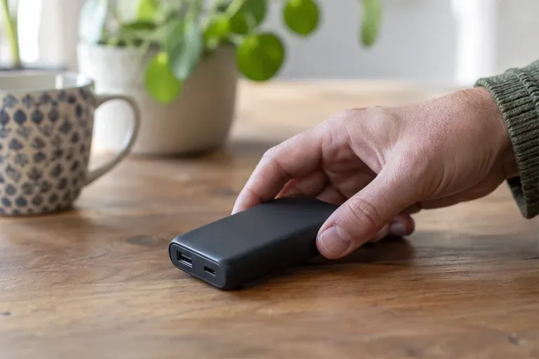 Een hand houdt een zwarte powerbank boven een houten tafel.