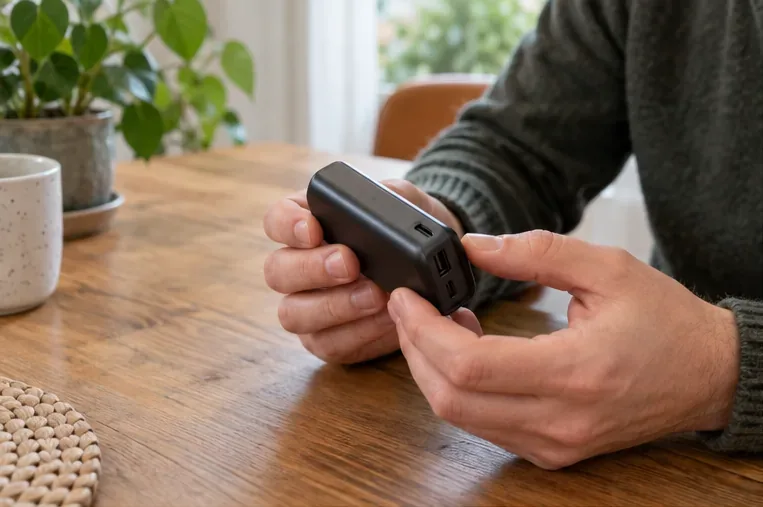 Een hand controleert de intacte behuizing en aansluitingen van een zwarte powerbank op een houten tafel