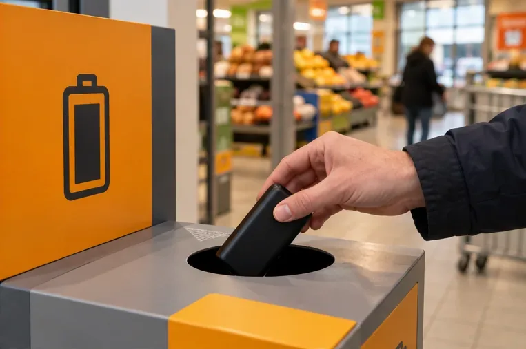 Een hand laat een intacte zwarte powerbank in de opening van een batterij-inzamelbak in een winkel zakken