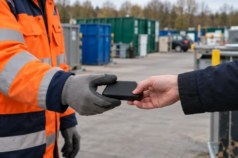 Een medewerker met beschermende handschoen neemt een intacte zwarte powerbank aan bij een gemeentelijk recyclingstation