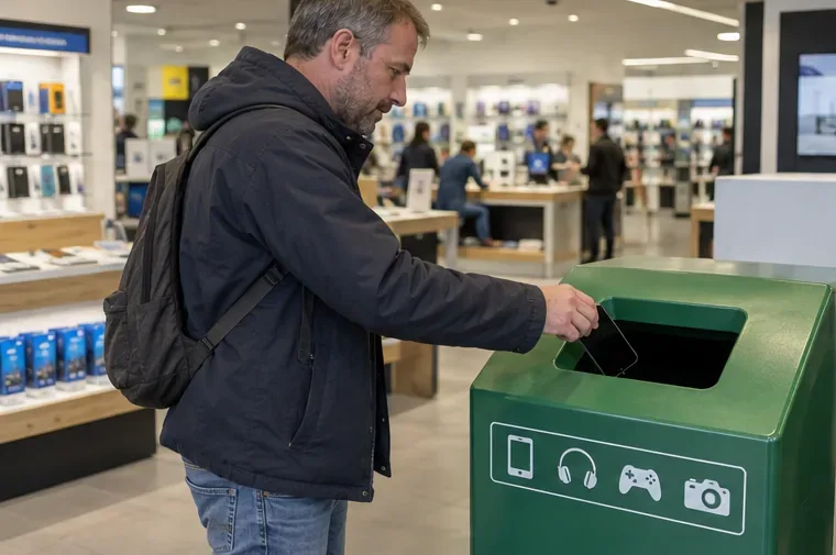 Een klant laat een oude mobiele telefoon in een inzamelbak voor kleine elektronica glijden
