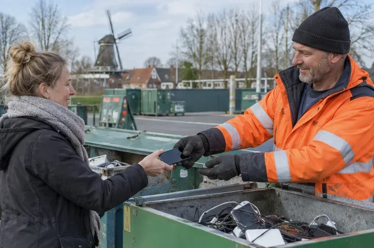 Een bewoner overhandigt een oude telefoon aan een medewerker bij een terrein met gescheiden afvalcontainers
