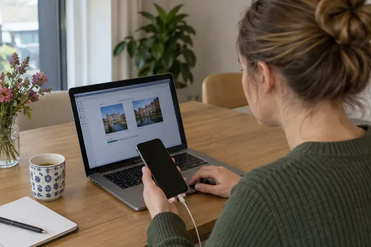 Een vrouw maakt aan een tafel een reservekopie van haar smartphone op een laptop