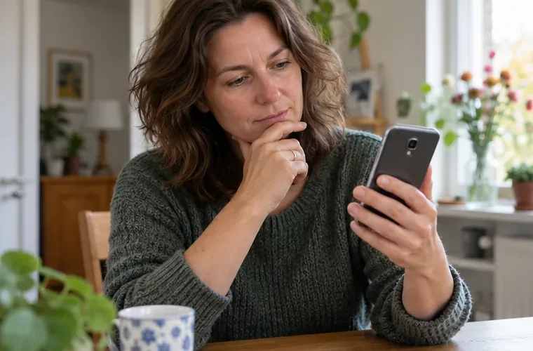 Een vrouw bekijkt een oudere smartphone aan tafel om te beoordelen of het toestel nog bruikbaar is.