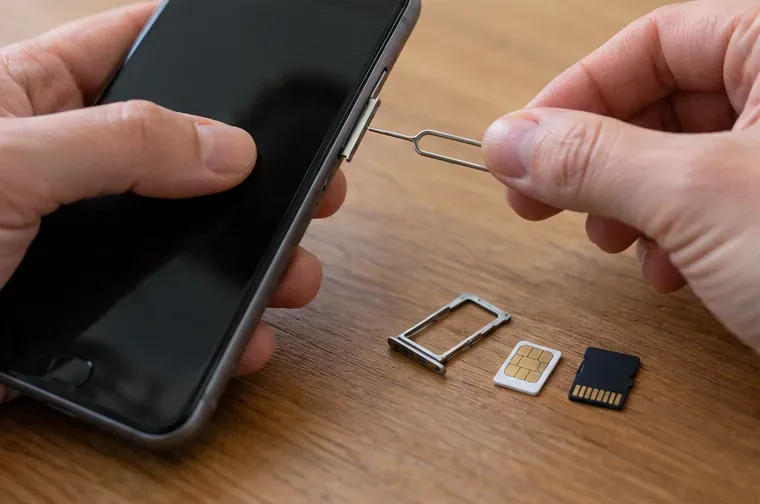 Een hand verwijdert met een uitwerppinnetje de simlade uit een smartphone; simkaart en geheugenkaart liggen ernaast.