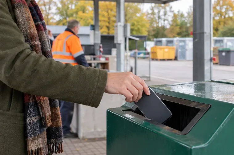 Een bezoeker geeft een oude smartphone af bij een inzamelvoorziening voor elektrische apparaten.