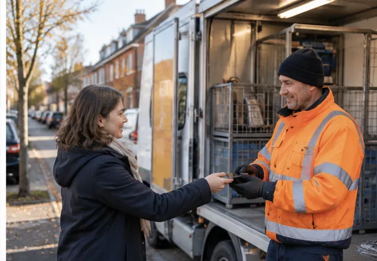 Een vrouw overhandigt een smartphone aan een medewerker bij een mobiele inzamelwagen in een woonwijk