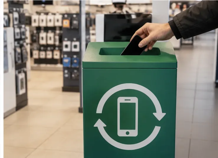 Een hand laat een zwarte smartphone zakken in een groene inzamelbak voor telefoons in een elektronicawinkel