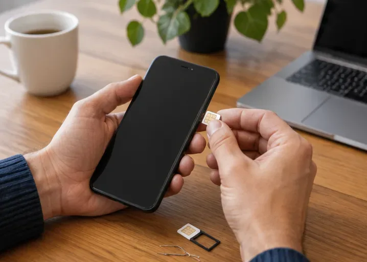 Handen verwijderen een simkaart uit een zwarte smartphone op een tafel naast een laptop