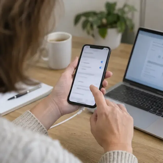 Persoon maakt thuis een back-up en bereidt het wissen van een oude smartphone voor naast een laptop